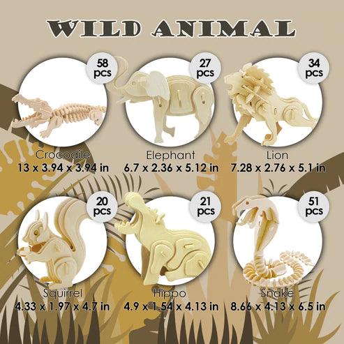 DIY 3D Wooden Puzzle 6 Assorted Wild Animals - TheToysRoom