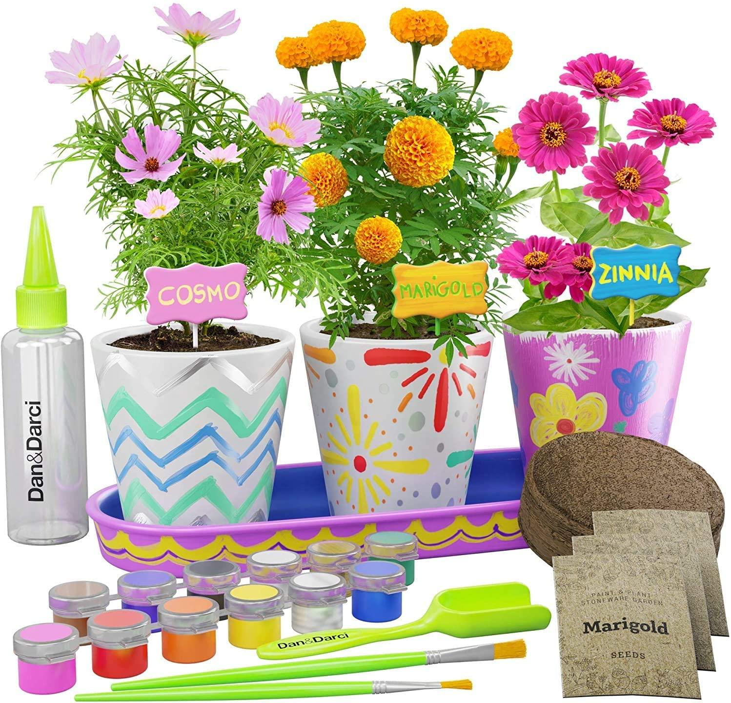 paint your own plant pot Dan&darci Paint & Plant Stoneware Flower Gardening Kit - Easter Gifts for Girls & Boys Ages 6-12