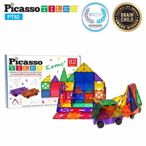 PicassoTiles 3D Magnetic Building Block Tiles PT82 - 82 Piece Set (2 Cars Included) - TheToysRoom