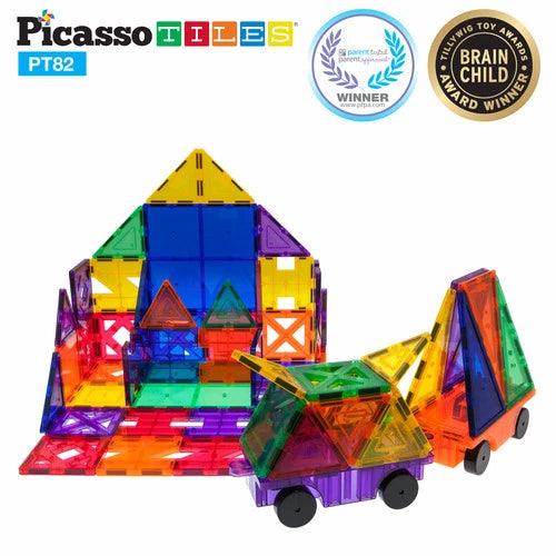 PicassoTiles 3D Magnetic Building Block Tiles PT82 - 82 Piece Set (2 Cars Included) - TheToysRoom