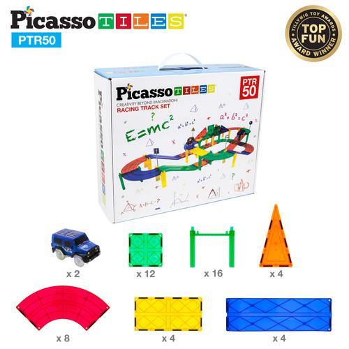 PicassoTiles Magnetic Racetrack Building Blocks PTR50 - 50 Piece Race Track Set - 2 Cars Included - TheToysRoom
