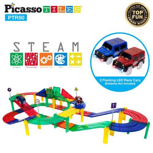 PicassoTiles Magnetic Racetrack Building Blocks PTR50 - 50 Piece Race Track Set - 2 Cars Included - TheToysRoom