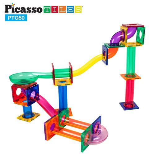 PicassoTiles Marble Run 50-Piece Magnetic Tile Race Track Toy Play Set PTG50 - TheToysRoom