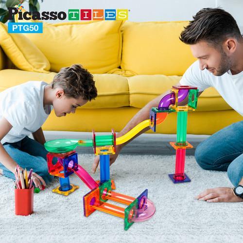 PicassoTiles Marble Run 50-Piece Magnetic Tile Race Track Toy Play Set PTG50 - TheToysRoom