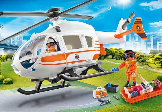 PLAYMOBIL Rescue Helicopter Toy Set With Figures, Helipad & Medical Accessories - For Kids Ages 4+