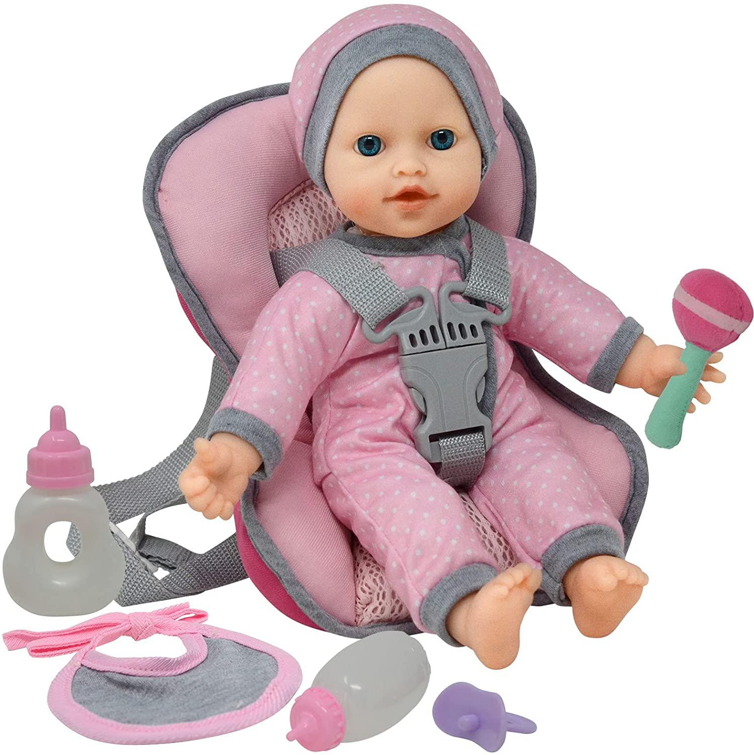 Doll Car Seat Carrier Backpack with Soft Body Doll and Accessories