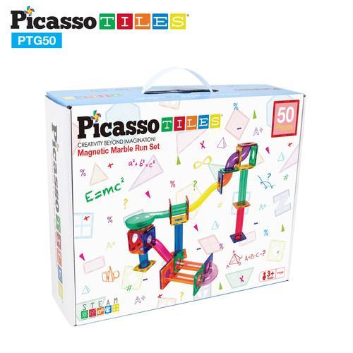 PicassoTiles Marble Run 50-Piece Magnetic Tile Race Track Toy Play Set PTG50 - TheToysRoom