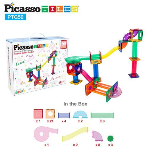 PicassoTiles Marble Run 50-Piece Magnetic Tile Race Track Toy Play Set PTG50 - TheToysRoom